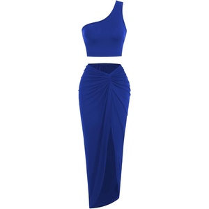 ZAFUL 2 Piece Skirt Sets for Women Crop Top Ruched Maxi Skirt Suiting(1-blue)