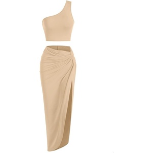 ZAFUL 2 Piece Skirt Sets for Women Crop Top Ruched Maxi Skirt Suiting(1-coffee)