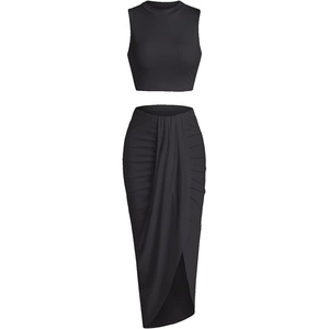 ZAFUL 2 Piece Skirt Sets for Women Crop Top Ruched Maxi Skirt Suiting(B-black)