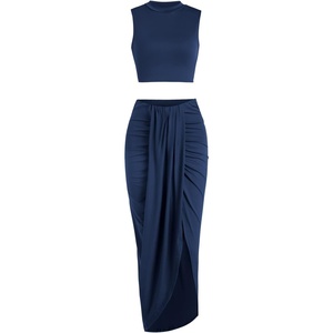 ZAFUL 2 Piece Skirt Sets for Women Crop Top Ruched Maxi Skirt Suiting(B-blue)