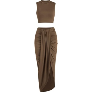 ZAFUL 2 Piece Skirt Sets for Women Crop Top Ruched Maxi Skirt Suiting(B-brown)