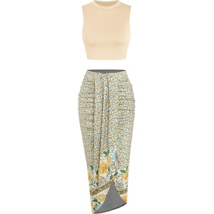 ZAFUL 2 Piece Skirt Sets for Women Crop Top Ruched Maxi Skirt Suiting(B-floral Beige)