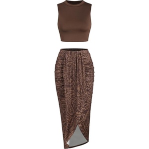 ZAFUL 2 Piece Skirt Sets for Women Crop Top Ruched Maxi Skirt Suiting(B-floral Brown)