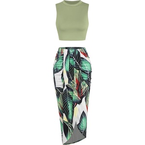 ZAFUL 2 Piece Skirt Sets for Women Crop Top Ruched Maxi Skirt Suiting(B-floral Green)
