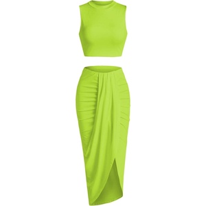 ZAFUL 2 Piece Skirt Sets for Women Crop Top Ruched Maxi Skirt Suiting(B-fluogreen)