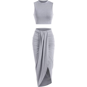 ZAFUL 2 Piece Skirt Sets for Women Crop Top Ruched Maxi Skirt Suiting(B-gray)