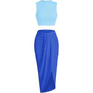 ZAFUL 2 Piece Skirt Sets for Women Crop Top Ruched Maxi Skirt Suiting(B-mix Blue)