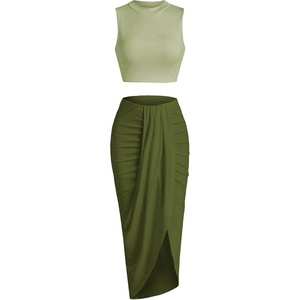ZAFUL 2 Piece Skirt Sets for Women Crop Top Ruched Maxi Skirt Suiting(B-mix Green)