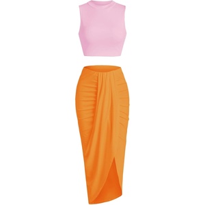 ZAFUL 2 Piece Skirt Sets for Women Crop Top Ruched Maxi Skirt Suiting(B-pink & Orange)
