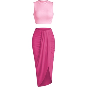 ZAFUL 2 Piece Skirt Sets for Women Crop Top Ruched Maxi Skirt Suiting(B-pink Rose (Color Block))