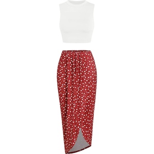 ZAFUL 2 Piece Skirt Sets for Women Crop Top Ruched Maxi Skirt Suiting(B-polka Dot Red)