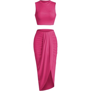 ZAFUL 2 Piece Skirt Sets for Women Crop Top Ruched Maxi Skirt Suiting(B-rose Pink)