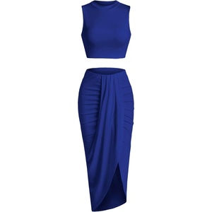 ZAFUL 2 Piece Skirt Sets for Women Crop Top Ruched Maxi Skirt Suiting(B-royal Blue)