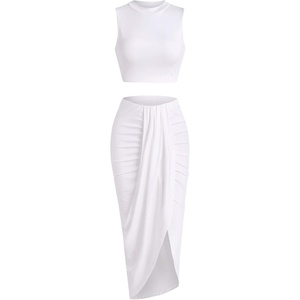 ZAFUL 2 Piece Skirt Sets for Women Crop Top Ruched Maxi Skirt Suiting(B-white)