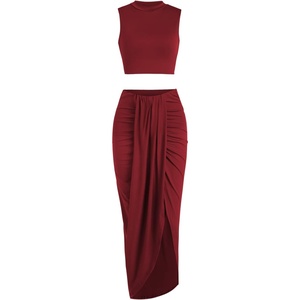 ZAFUL 2 Piece Skirt Sets for Women Crop Top Ruched Maxi Skirt Suiting(B-wine Red)
