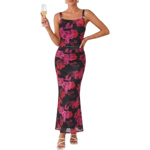ZAFUL Formal Dresses for Women Wedding Guest Cocktail Ruched Bodycon Dress(Floral Rose Red)