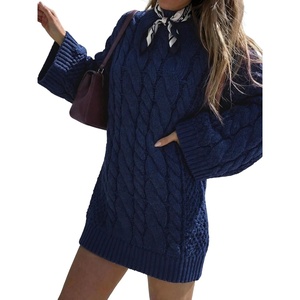ZAFUL Women Cable Knit Sweater Dress Oversized Long Sleeve Mini Pullove(Blue)
