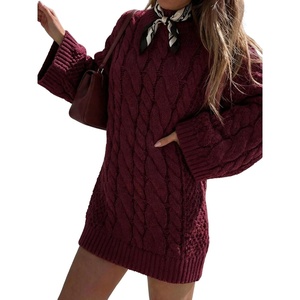 ZAFUL Women Cable Knit Sweater Dress Oversized Long Sleeve Mini Pullove(Red)