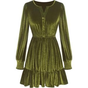 ZAFUL Women’s Velvet Dress V Neck Long Sleeve Cocktail Party Dresses(Army Green)