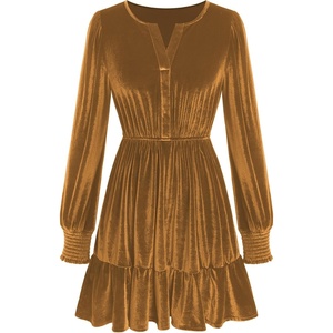 ZAFUL Women’s Velvet Dress V Neck Long Sleeve Cocktail Party Dresses(Gold)