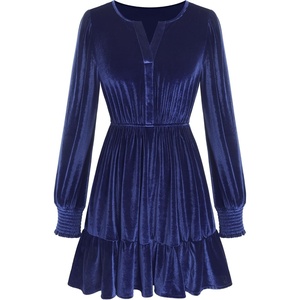 ZAFUL Women’s Velvet Dress V Neck Long Sleeve Cocktail Party Dresses(Navy Blue)