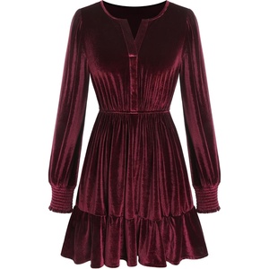 ZAFUL Women’s Velvet Dress V Neck Long Sleeve Cocktail Party Dresses(Wine Red)