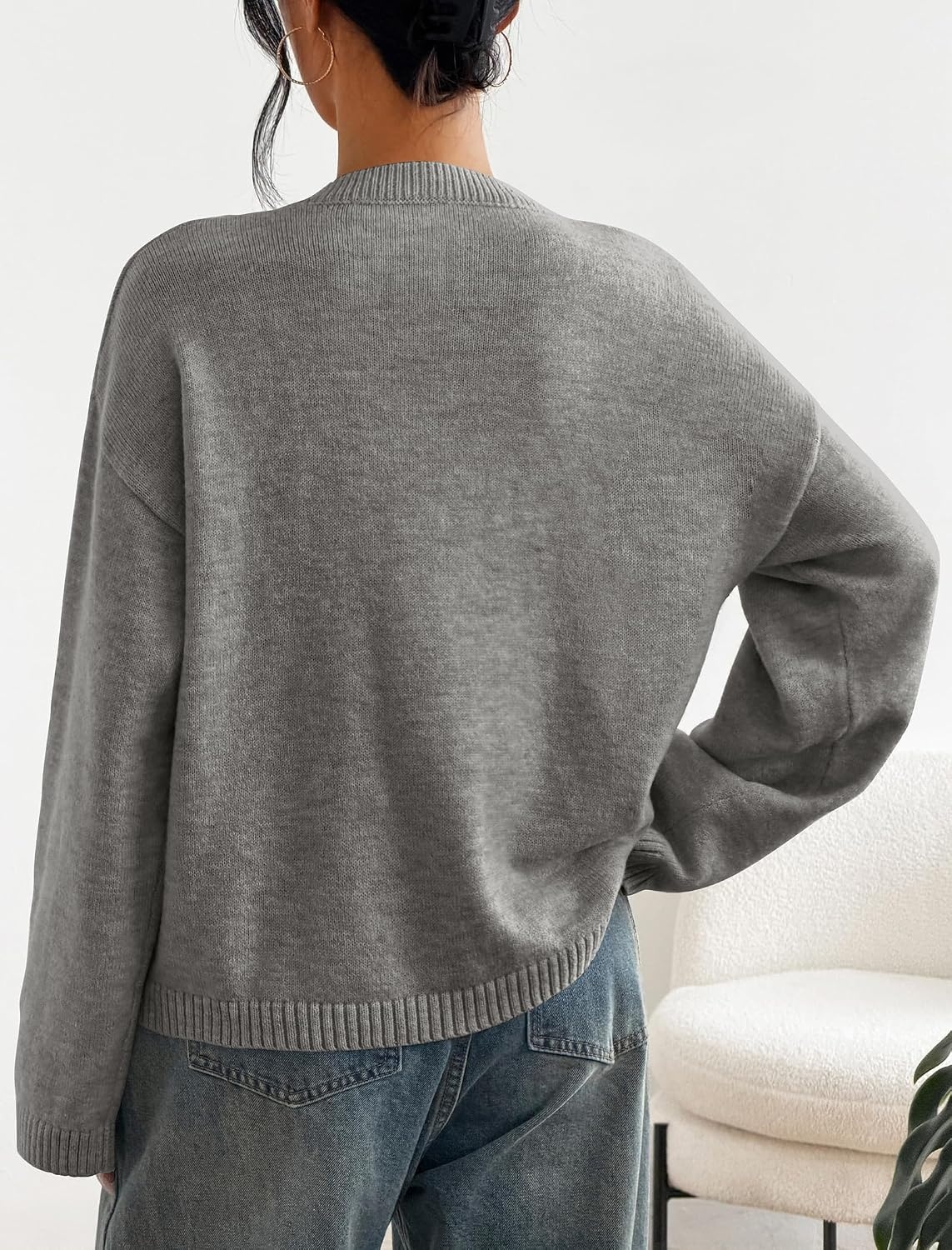 image:imageZAFUL Womens Crew Neck Drop Shoulder Solid Knitted Warm Sweater Pullover1gray