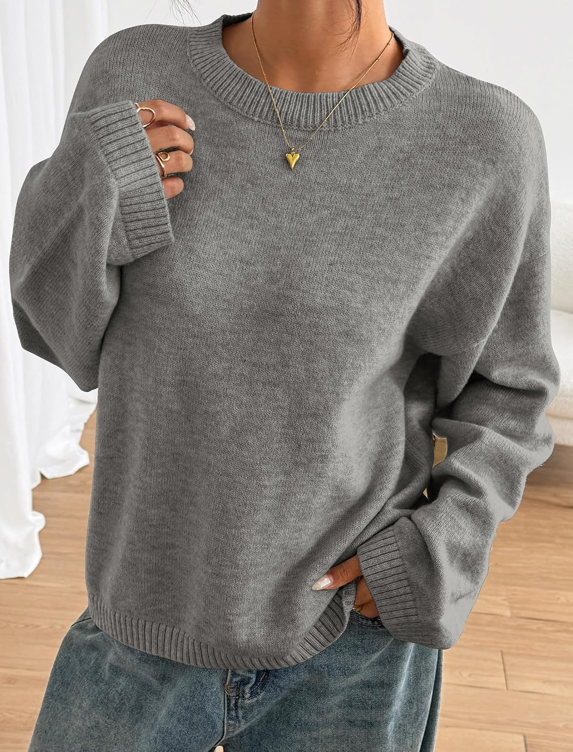 image:imageZAFUL Womens Crew Neck Drop Shoulder Solid Knitted Warm Sweater Pullover1gray