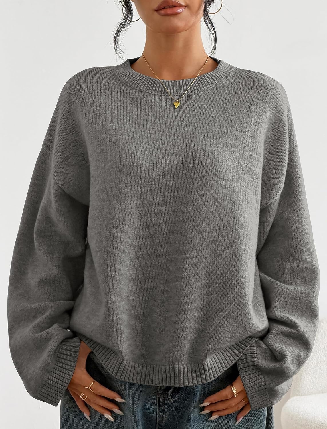 image:imageZAFUL Womens Crew Neck Drop Shoulder Solid Knitted Warm Sweater Pullover1gray