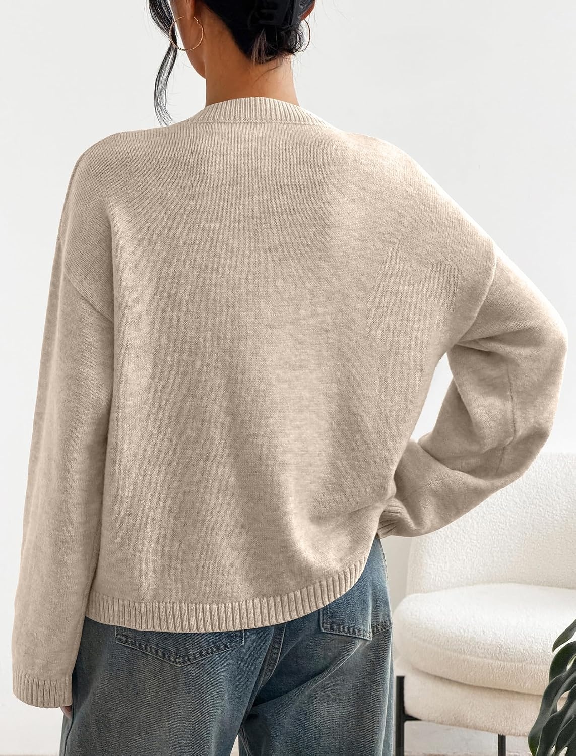 image:imageZAFUL Womens Crew Neck Drop Shoulder Solid Knitted Warm Sweater Pullover1volcanic Gray