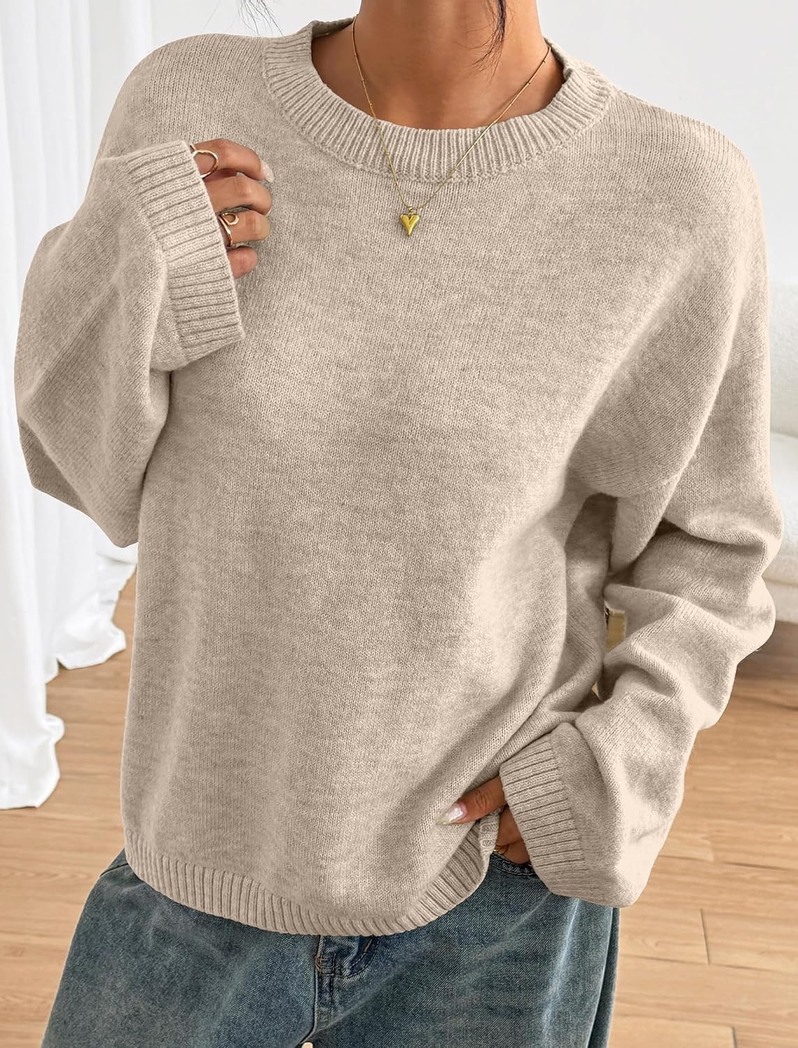 image:imageZAFUL Womens Crew Neck Drop Shoulder Solid Knitted Warm Sweater Pullover1volcanic Gray