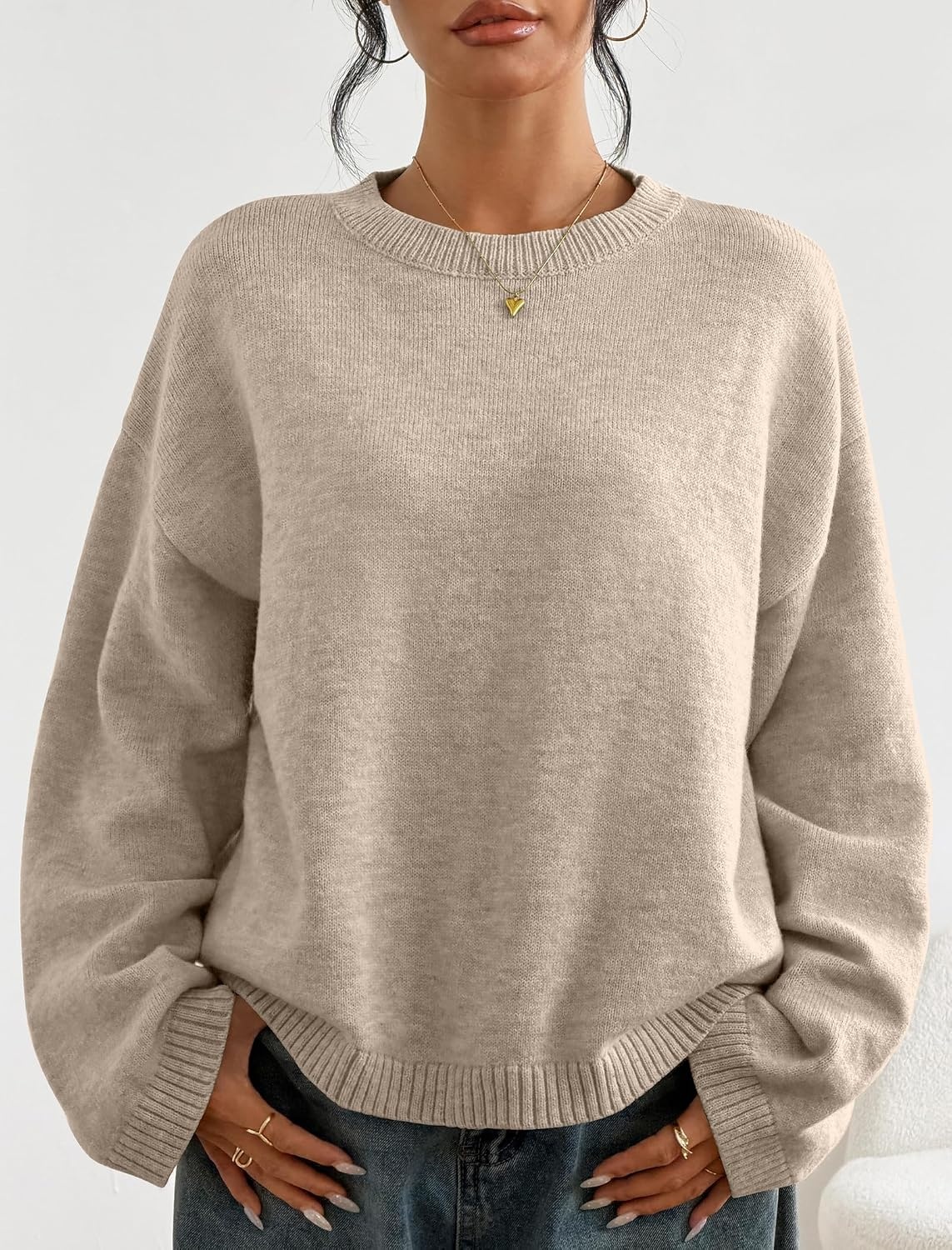 image:imageZAFUL Womens Crew Neck Drop Shoulder Solid Knitted Warm Sweater Pullover1volcanic Gray
