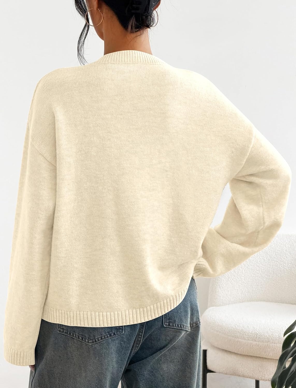 image:imageZAFUL Womens Crew Neck Drop Shoulder Solid Knitted Warm Sweater Pullover1white