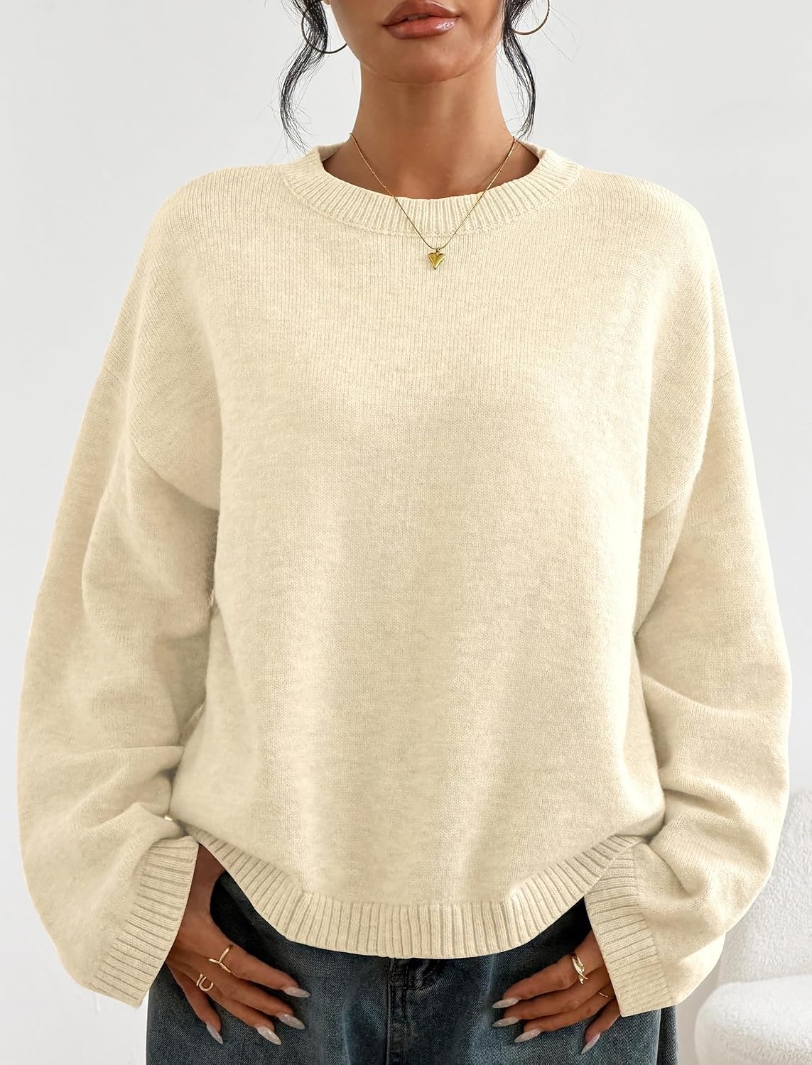 image:imageZAFUL Womens Crew Neck Drop Shoulder Solid Knitted Warm Sweater Pullover1white