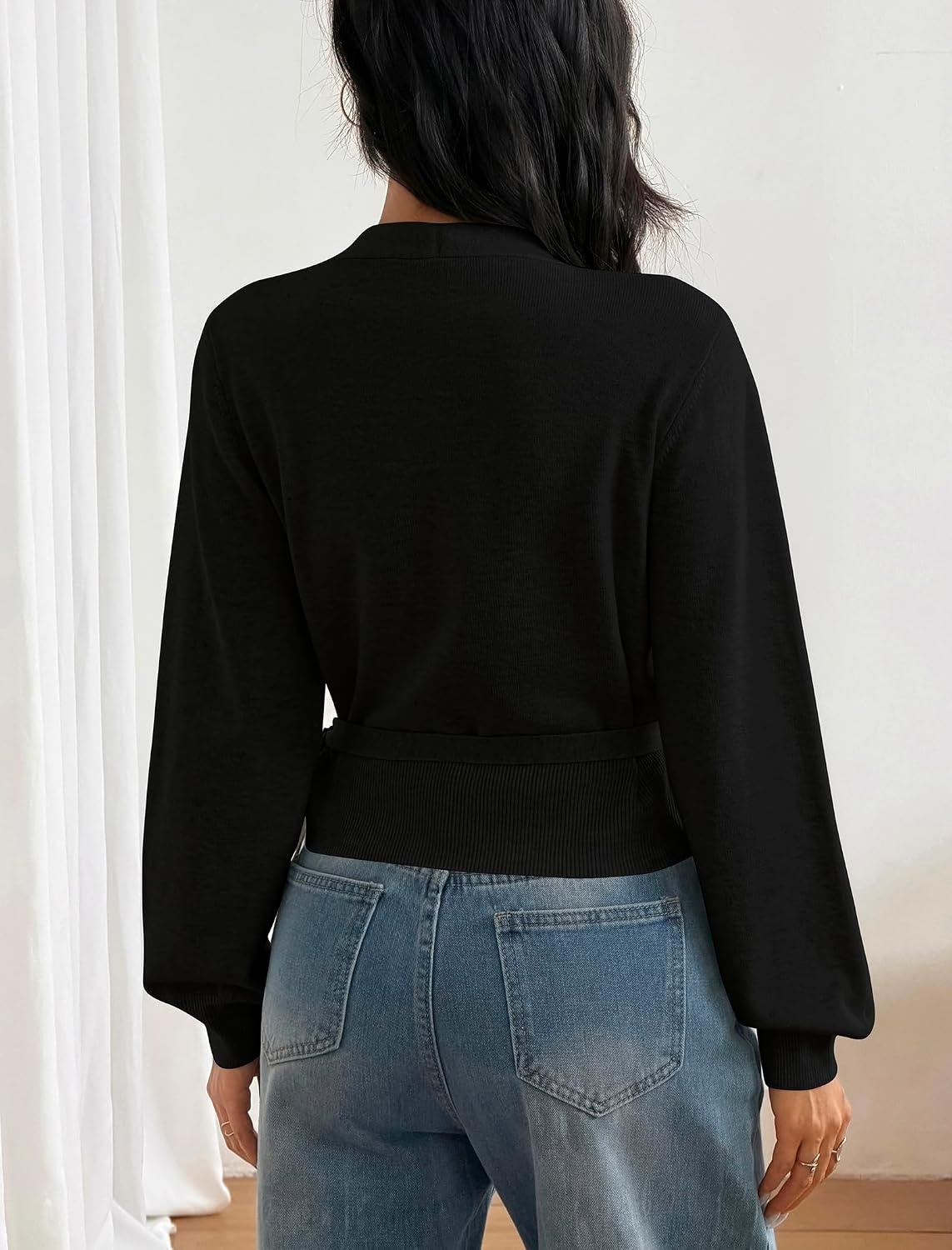 image:imageZAFUL Womens V Neck Wrap Tie Lantern Cinched Lightweight Knitwear Sweater1black