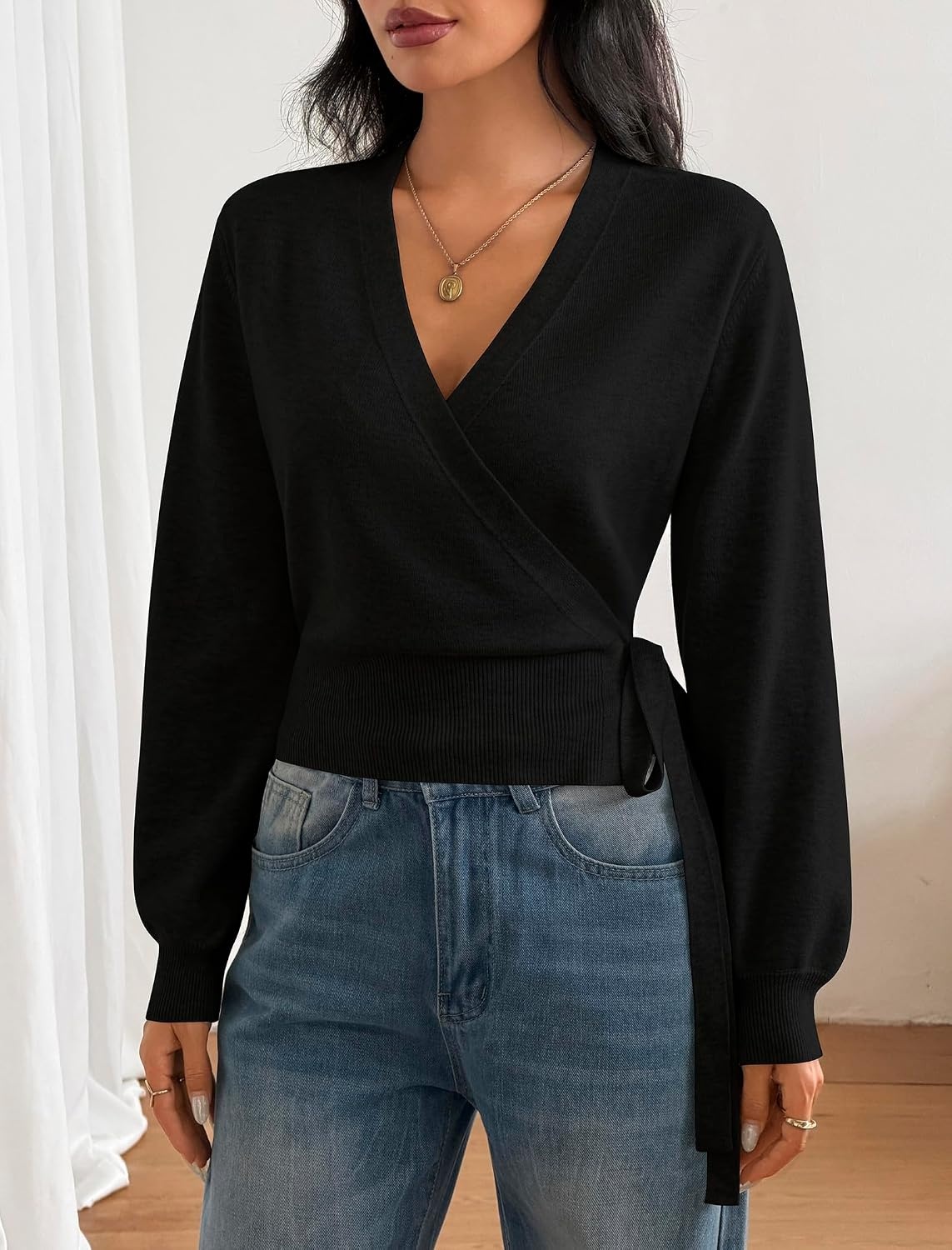 image:imageZAFUL Womens V Neck Wrap Tie Lantern Cinched Lightweight Knitwear Sweater1black