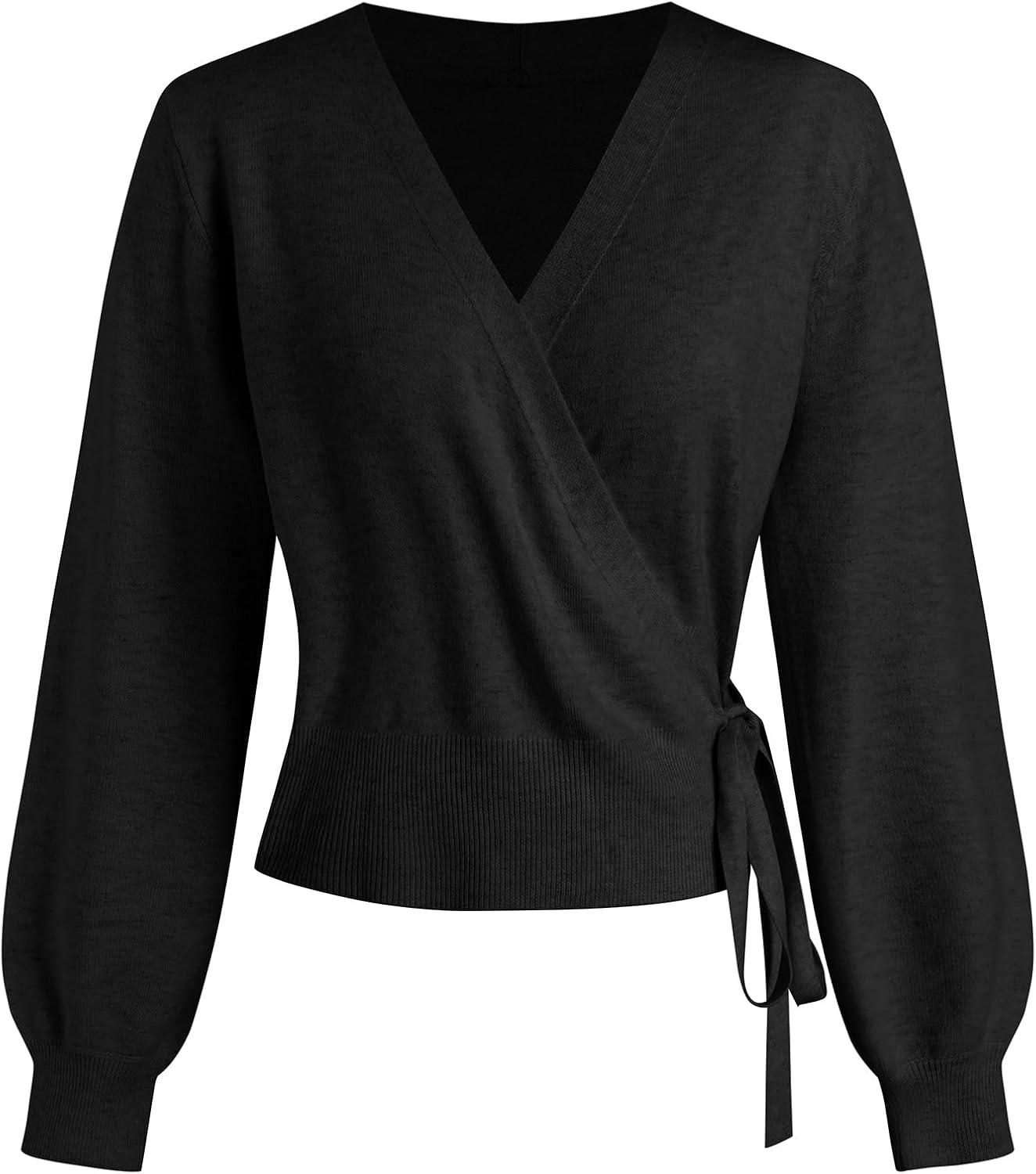 image:imageZAFUL Womens V Neck Wrap Tie Lantern Cinched Lightweight Knitwear Sweater1black
