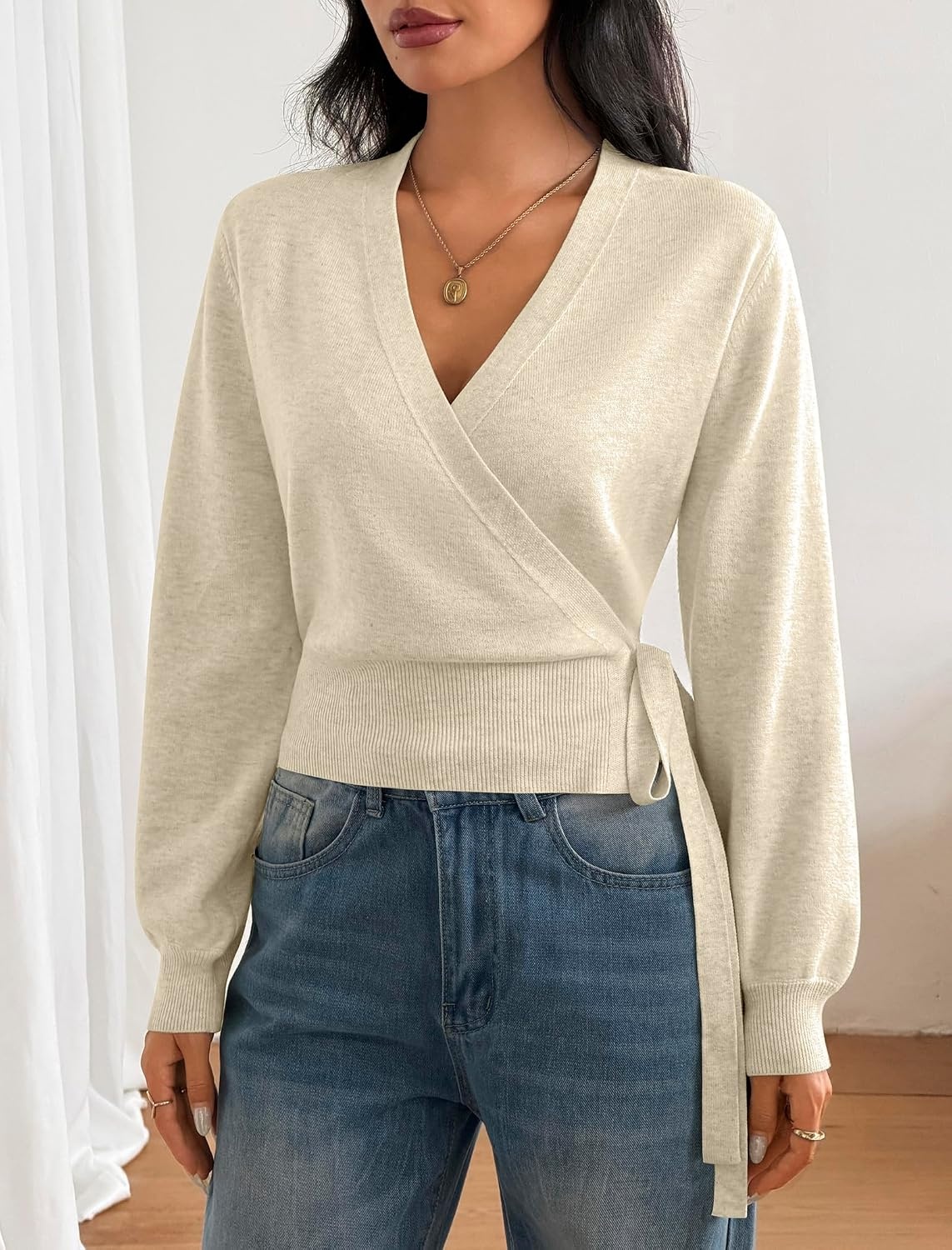 image:imageZAFUL Womens V Neck Wrap Tie Lantern Cinched Lightweight Knitwear Sweater1khaki