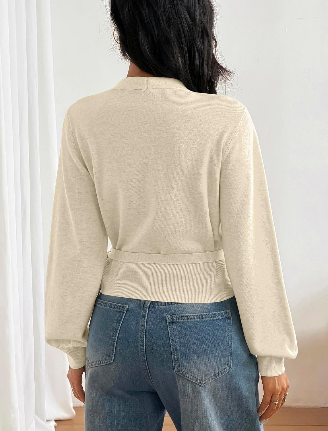 image:imageZAFUL Womens V Neck Wrap Tie Lantern Cinched Lightweight Knitwear Sweater1khaki