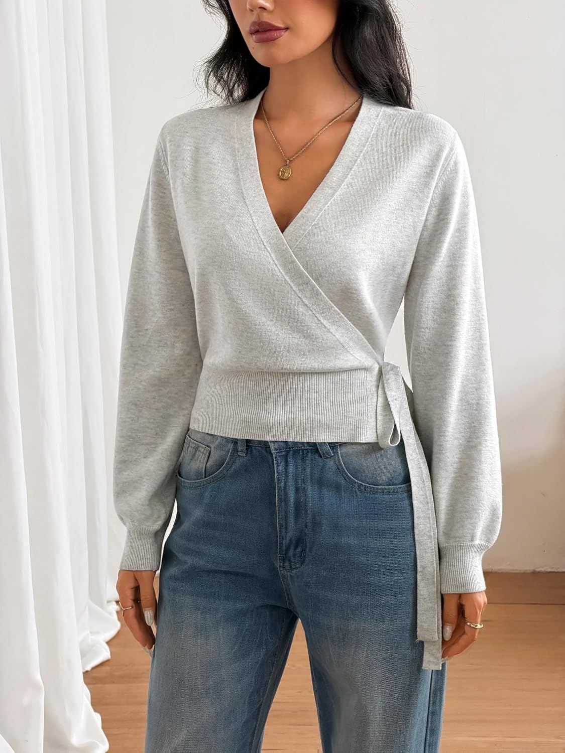 image:imageZAFUL Womens V Neck Wrap Tie Lantern Cinched Lightweight Knitwear Sweater1light Gray