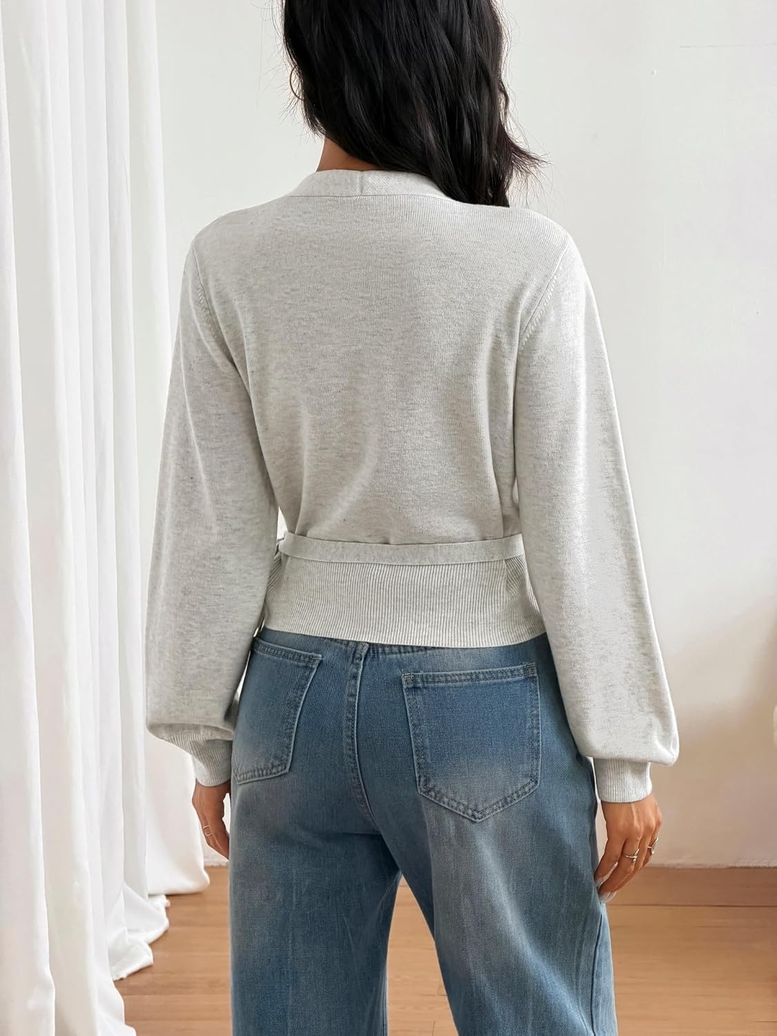 image:imageZAFUL Womens V Neck Wrap Tie Lantern Cinched Lightweight Knitwear Sweater1light Gray