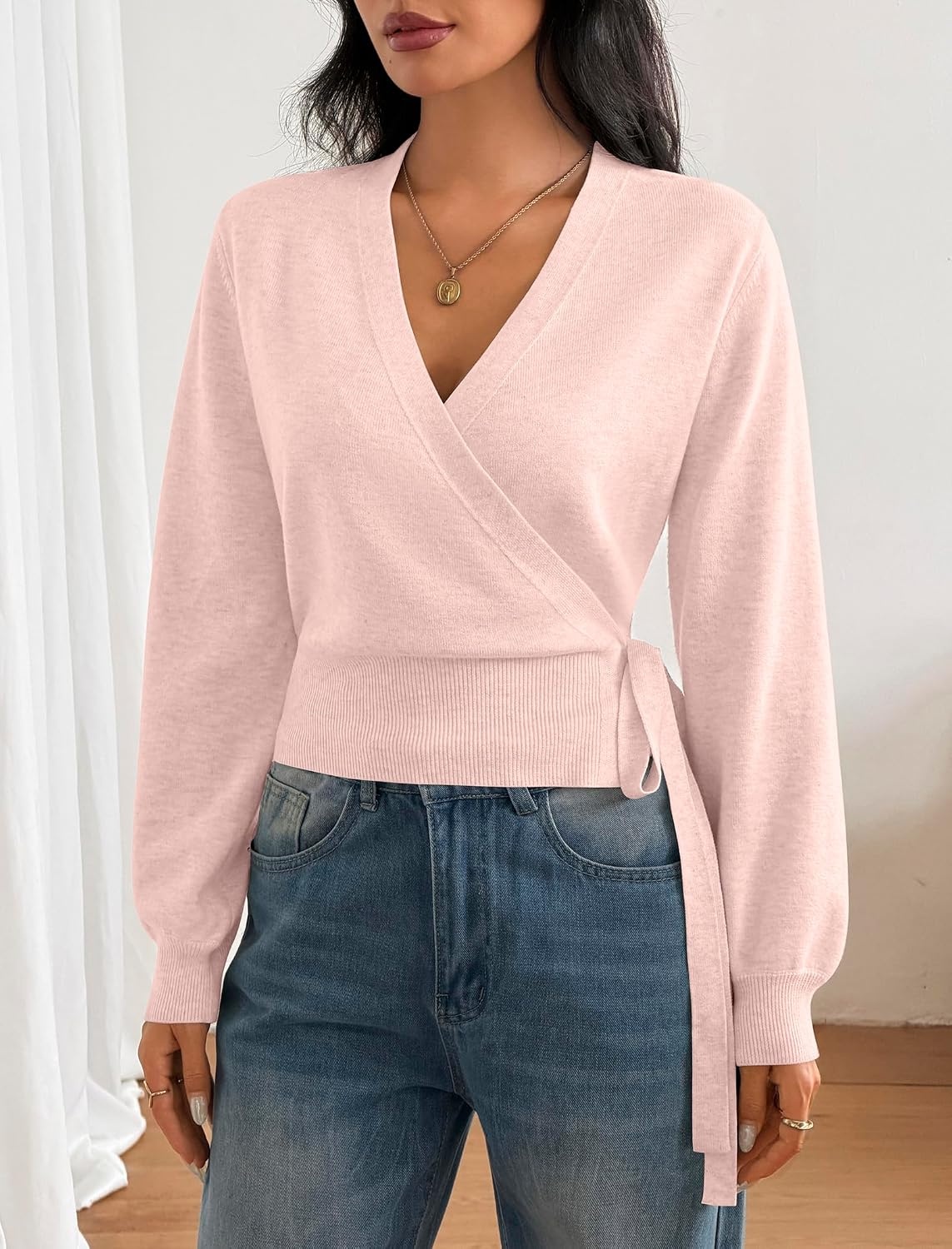 image:imageZAFUL Womens V Neck Wrap Tie Lantern Cinched Lightweight Knitwear Sweater1light Pink