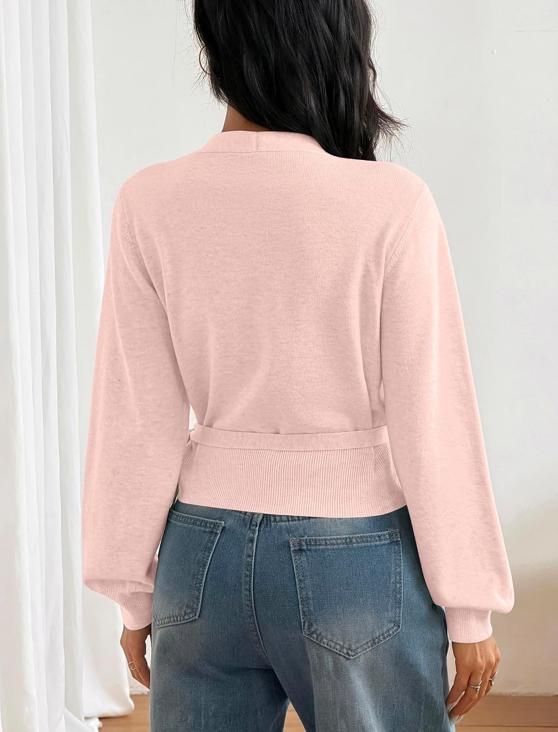 image:imageZAFUL Womens V Neck Wrap Tie Lantern Cinched Lightweight Knitwear Sweater1light Pink