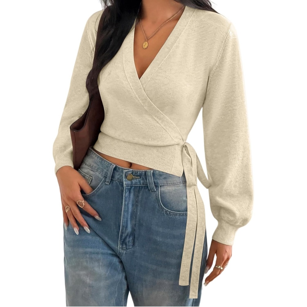image:imageZAFUL Womens V Neck Wrap Tie Lantern Cinched Lightweight Knitwear Sweater1khaki