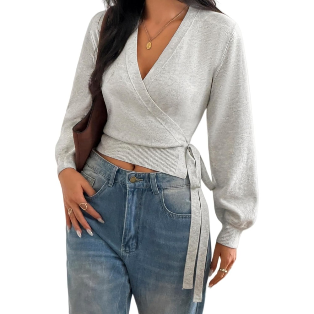 image:imageZAFUL Womens V Neck Wrap Tie Lantern Cinched Lightweight Knitwear Sweater1light Gray