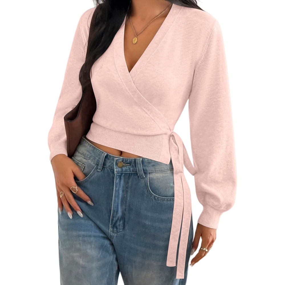 image:imageZAFUL Womens V Neck Wrap Tie Lantern Cinched Lightweight Knitwear Sweater1light Pink