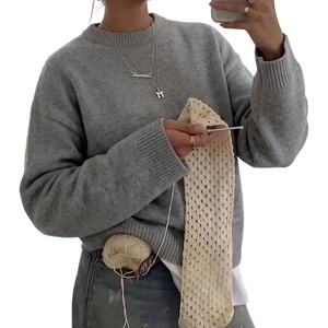 ZAFUL Womens Crew Neck Drop Shoulder Solid Knitted Warm Sweater Pullover(1-gray)