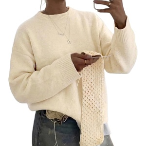 ZAFUL Womens Crew Neck Drop Shoulder Solid Knitted Warm Sweater Pullover(1-white)