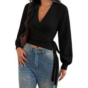 ZAFUL Women’s V Neck Wrap Tie Lantern Cinched Lightweight Knitwear Sweater(1-black)