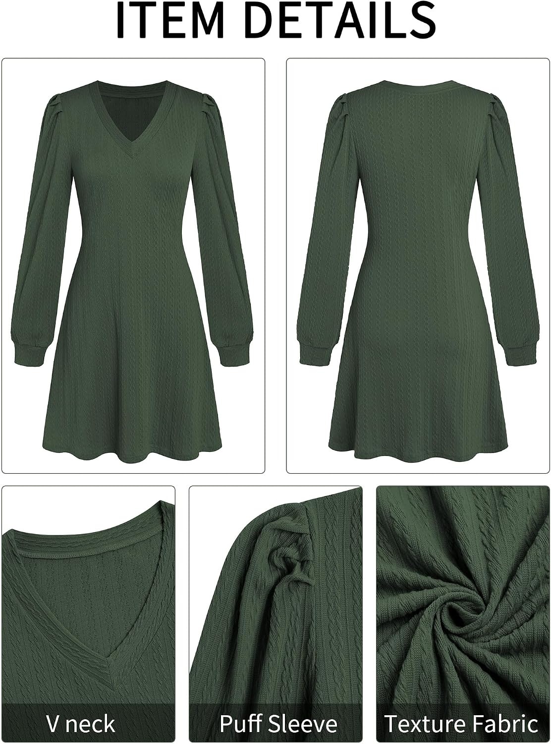 image:imageZAFUL Fall Dresses for Women 2026 Knit V Neck Long Sleeve Sweater Dress A Line Casual OutfitsArmy Green